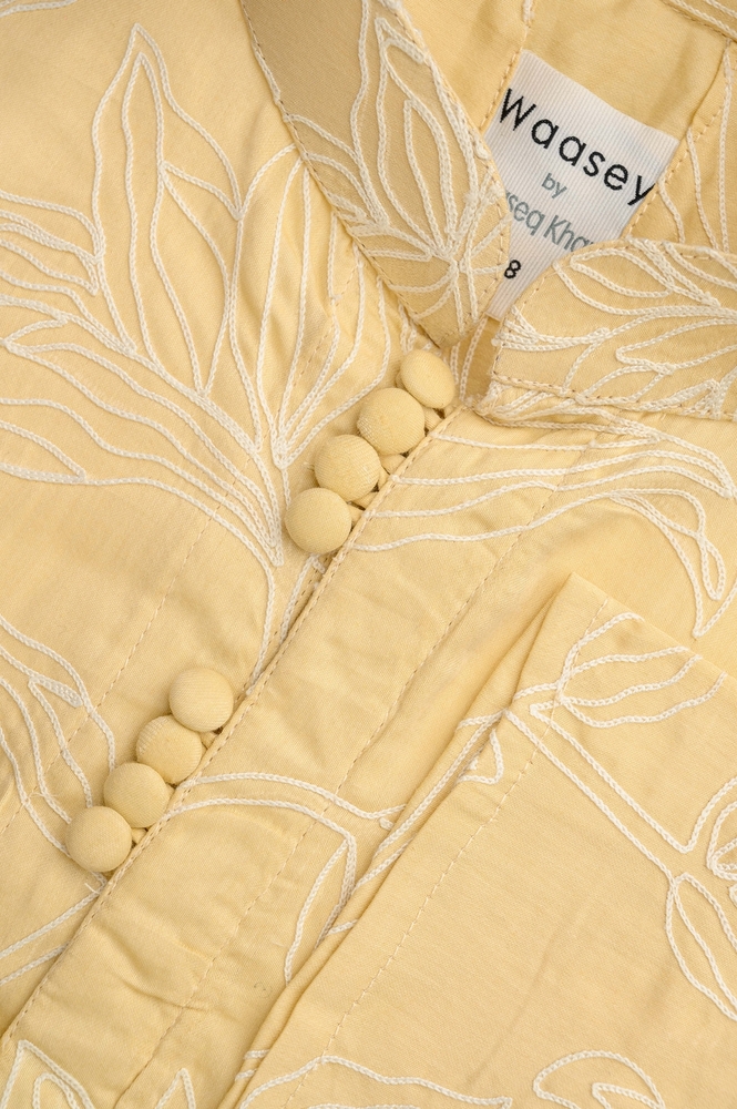 Yellow Leaf-Embroidered Panjabi with Fabric Buttons